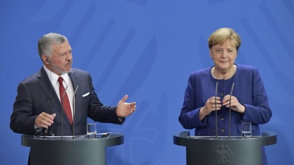 German Chancellor Angela Merkel and King Abdullah II of Jordan give a joint press conference following talks on economic issues and the bilateral relationship of their two countries on September 17, 2019 at the Chancellery in Berlin. Tobias SCHWARZ / AFP