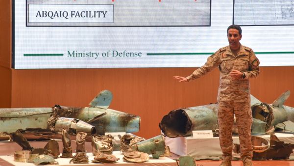 Saudi defence ministry spokesman Colonel Turki bin Saleh al-Malki displays pieces of what he said were Iranian cruise missiles and drones recovered from the attack site that targeted Saudi Aramco's facilities, during a press conference in Riyadh on September 18, 2019. (AFP/ File Photo)