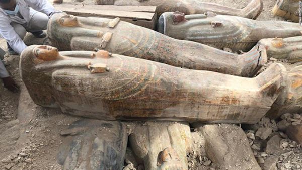 Archaeologist have stumbled upon what is deemed the 'biggest and most important' discovery in years near the Egyptian city of Luxor. At least 20 well-preserved, vividly painted wooden coffins have been unearth in the ancient town of West Thebes (Twitter)