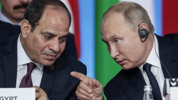 Egypt's President Abdel Fattah al-Sisi (L) and Russia's President Vladimir Putin (R) attend the first plenary session as part of the 2019 Russia-Africa Summit at the Sirius Park of Science and Art in Sochi, Russia, on October 24, 2019. Sergei CHIRIKOV / POOL / AFP