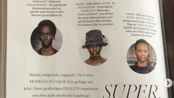 The cover reads 'Back to black - Black is back again: irresistibly' and the translated feature's says: 'Beautiful, successful, [politically] active: Never were models of colour so in demand as now. These amazing women inspire us both on and off the catwalk!' (Instagram/ Diet Prada)