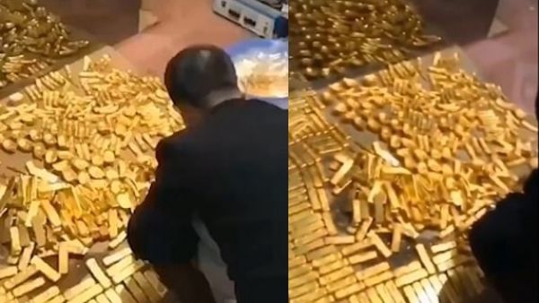 Thousands of golden bars and bricks were discovered by corruption inspectors at the man's home in Hainan Province, China, earlier this month. The official is being investigated. (Video Screenshot)