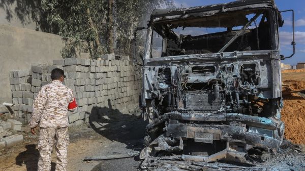 This picture taken on November 18, 2019 shows the aftermath of a reported air strike on a factory south of the Libyan capital Tripoli where several people were killed according to a spokesman of the UN-recognised Government of National Accord (GNA). (Mahmud TURKIA / AFP)