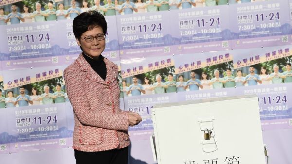 Hong Kong Chief Executive Carrie Lam casts her vote during the district council elections in Hong Kong on November 24, 2019.  (AFP/ File Photo)