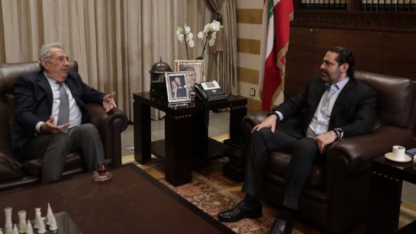 Resigned Lebanese prime minister Saad Hariri (R) meets with Samir Khatib, a Lebanese businessman who is the front-runner to form a new government, in the capital Beirut on December 8, 2019. (AFP/ File Photo)