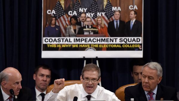 US Representative Jim Jordan (C) (R-OH) delivers opening remarks during the House Judiciary Committee's markup of House Resolution 755, Articles of Impeachment Against President Donald J. Trump on Capitol Hill in Washington, DC, on December 11, 2019. (Olivier Douliery / AFP)