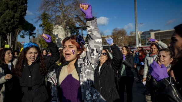 Women take part in a choreographed performance originated in Chile, and inspired by the Chilean feminist group Las Tesis, to protest against gender violence and patriarchy on December 15, 2019 in Istanbul. Yasin AKGUL / AFP