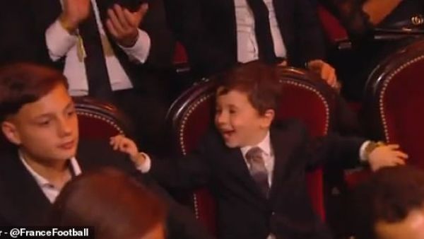 Lionel Messi's son Mateo was clearly ecstatic with his dad's triumph in Paris on Monday. (Twitter)