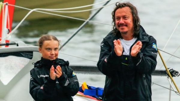Svante Thunberg, father of climate activist Greta Thunberg, pictured together on a zero-carbon yacht in New York in August has given a rare interview about his daughter where he denied being the driving force behind her campaign and said her activism had helped her beat depression (AFP)