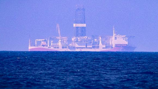 This photo from June 24, 2019, in the Mediterranean Sea off Cyprus shows the drilling vessel Fatih, which was deployed by Turkey to search for gas and oil in waters considered part of the EU state's exclusive economic zone. (AFP)