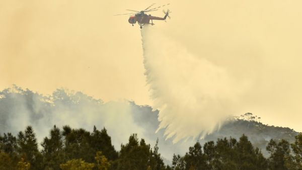 A helicopter drops water on a bushfire outside of Batemans Bay in New South Wales on January 2, 2020. Australia authorised the forced evacuation of residents on January 2 amid a mass exodus of tourists from fire-ravaged coastal communities, as the country braces for a weekend heatwave expected to fan deadly bushfires. PETER PARKS / AFP