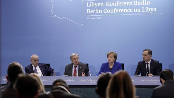(LtoR) Special Representative and Head of the United Nations Support Mission in Libya (UNSMIL) Ghassan Salame; Secretary-General of the United Nations (UN) Antonio Guterres; German Chancellor Angela Merkel and German Foreign Minister Heiko Maas give a press conference at the end of a Peace summit on Libya at the Chancellery in Berlin on January 19, 2020. (AFP/ File Photo)