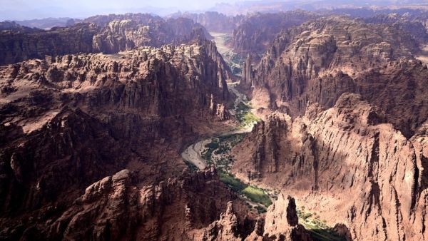 An aerial picture taken on January 8, 2020 between Neon and Al Ula shows the landscape during the Stage 4 of the 2020 Rally Dakar. FRANCK FIFE / AFP