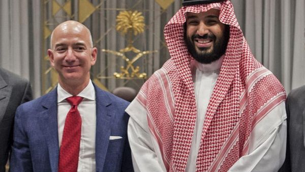 Saudi Crown Prince Mohammed bin Salman poses with Amazon CEO Jeff Bezos in Riyadh in 2016 (AFP)