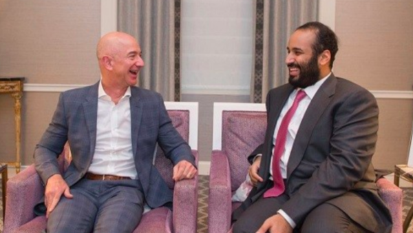 Jeff Bezos with Mohammed bin Salman during his visit to the US in March 2018 (Saudi Press Agency)