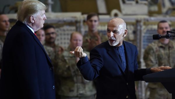 In this file photo taken on November 28, 2019 Afghan's President Ashraf Ghani addresses US troops during a surprise Thanksgiving day visit of US President Donald Trump at Bagram Air Field,in Afghanistan. AFP