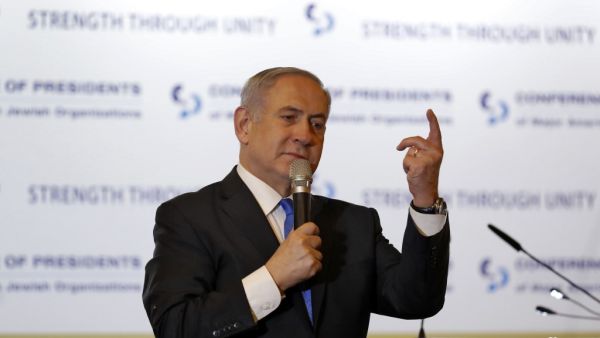 Israeli Prime Minister Benjamin Netanyahu addresses the Conference of Presidents of Major American Jewish Organisations (CoP) in Jerusalem on February 16, 2020. EMMANUEL DUNAND / AFP
