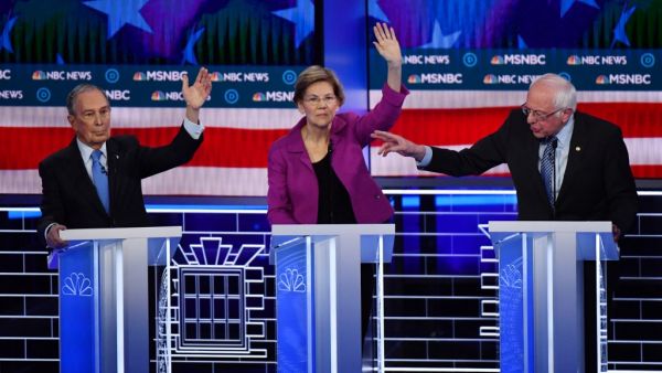Democratic presidential hopefuls Former New York Mayor Mike Bloomberg (L), Massachusetts Senator Elizabeth Warren (C) and Vermont Senator Bernie Sanders (R) participate in the ninth Democratic primary debate of the 2020 presidential campaign season co-hosted by NBC News, MSNBC, Noticias Telemundo and The Nevada Independent at the Paris Theater in Las Vegas, Nevada, on February 19, 2020. Mark RALSTON / AFP
