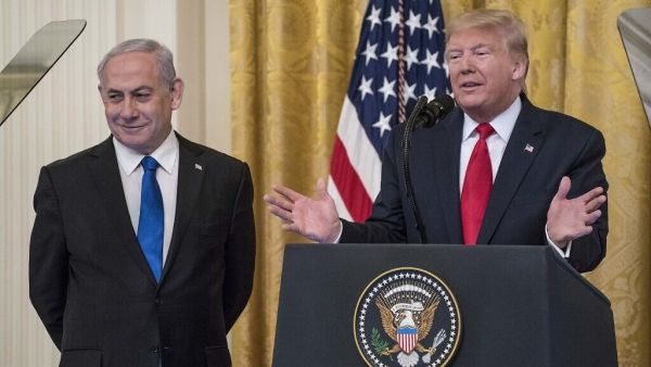 US President Donald Trump and Prime Minister Benjamin Netanyahu at a press conference in the East Room of the White House on January 28, 2020, in Washington. (Sarah Silbiger/Getty Images/AFP)