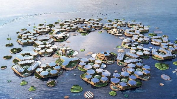 A UN-backed partnership will study the futuristic prospect of floating cities, looking at how platforms at sea might help bail out coastal cities at risk of flooding due to climate change (artist's impression) (Twitter/Oceanix)