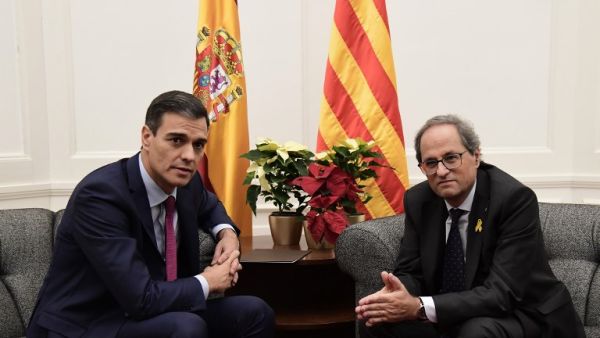 Spanish Prime Minister Pedro Sanchez met with Quim Torra at the Palacio de Pedralbes in Barcelona on Thursday. Photo: AFP