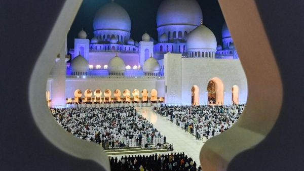Through the crenellations of the Sheikh Zayed Grand Mosque in Abu Dhabi. AFP