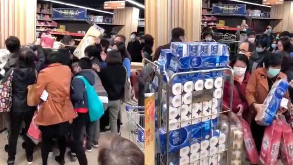 Online rumours about shortages of toilet paper due to the coronavirus outbreak caused swarms of shoppers to descend on a Hong Kong supermarket yesterday. (YouTube)