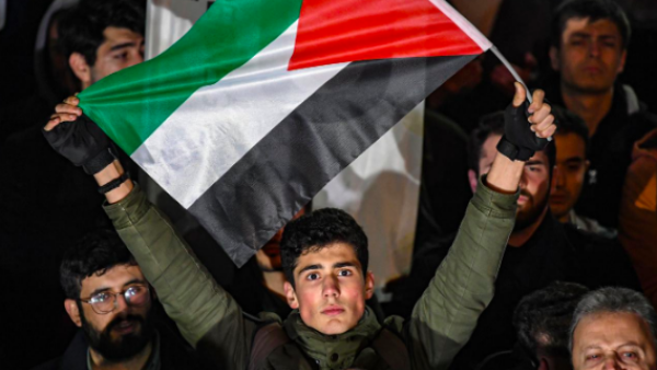 A man holds a flag of Palestine as protesters take part in a demonstration in front of the US consulate in Istanbul on 29 January, 2020 (AFP)