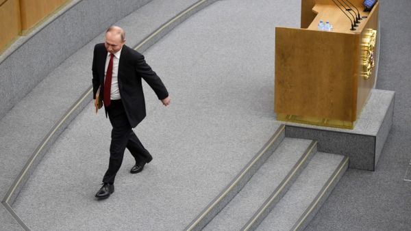 Russian President Vladimir Putin leaves after addressing lawmakers debating on the second reading of the constitutional reform bill during a session of the State Duma, Russia's lower house of parliament, in Moscow on March 10, 2020. Alexander NEMENOV / AFP