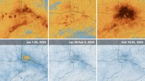 `NASA and the European Space Agency have used pollution monitoring satellites to track the decrease in nitrogen dioxide levels over the past two months. (NASA Earth Observatory)