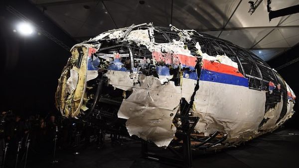 The destroyed cockpit of the plane on display in 2015. Evidence found that the plane was shot down by a BUK missile shot from Ukrainian from territory held by pro-Russia separatists (AFP)