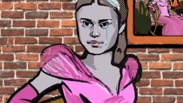 Two Russian pranksters Alexei Stolyarov and Vladimir Kuznetsov 'tricked' Prince Harry into believing they were climate change activist Greta Thunberg and her father Svante. Pictured: 'Greta' as an animated cartoon over the top (Dailymail)
