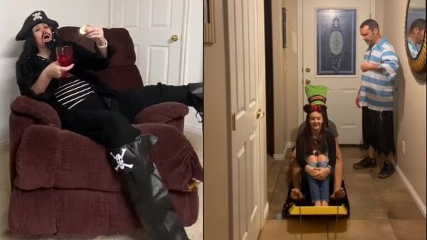 All aboard! A bored family from Utah decided to turn their home into a makeshift Disney ride. The riders boarded a sled in the hallway of their home. (Facebook)