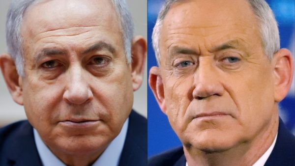 This combination of file pictures shows Israeli Prime Minister Benjamin Netanyahu attending the weekly cabinet meeting at his office in Jerusalem on December 9, 2018 and retired Israeli general Benny Gantz, one of the leaders of the Blue and White (Kahol Lavan) political alliance, attending a press conference in Tel Aviv on April 1, 2019. Israeli Prime Minister Benjamin Netanyahu and his former rival, parliament speaker Benny Gantz, agreed to form an emergency unity government on April 20, 2020, ending the 