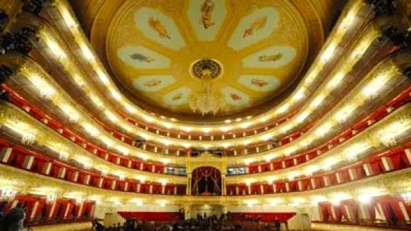 The auditorium of the restored Bolshoi theatre in Moscow, bathed in red Italian fabric and newly gilded mouldings. Photograph: Kirill Kudryavtsev/AFP/Getty Images