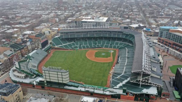  An aerial from a drone shows Wrigley Field, home of the Chicago Cubs, which, like all Major League Baseball (MLB) parks sits nearly empty on what was to be opening day for MLB on March 26, 2020 