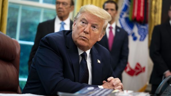 U.S. President Donald Trump receives a briefing on the 2020 hurricane season in the Oval Office May 28, 2020 in Washington, DC. Doug MIlls-Pool/Getty Images/AFP