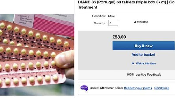One seller from Portugal is selling four triple boxes of the contraceptive Diane-35 which is a contraceptive pill used for acne or excessive hair growth. (eBay)