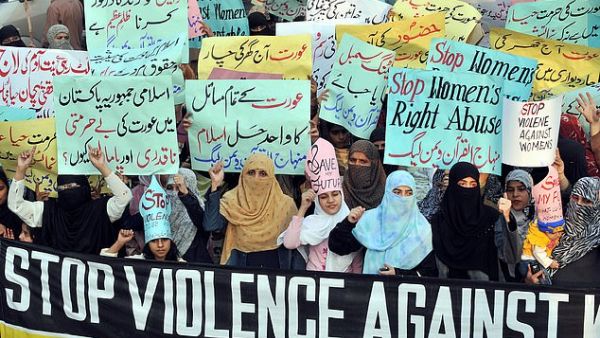The video that they were 'honour-killed' for showed a young man recording himself with them and another girl in a secluded area. Pictured: An Islamic Organisation protest against 'honour killings' of women in Lahore on November 21, 2008. (AFP)