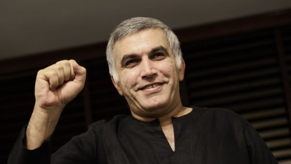 In this file photo taken on November 2, 2014 Bahraini human rights activist Nabeel Rajab gestures at his home in the village of Bani Jamrah, West of Manama. The prominent Bahraini rights activist was freed from jail on June 9, 2020 after being sentenced to five years imprisonment for tweeting criticism of the Saudi-led military campaign in Yemen. MOHAMMED AL-SHAIKH / AFP