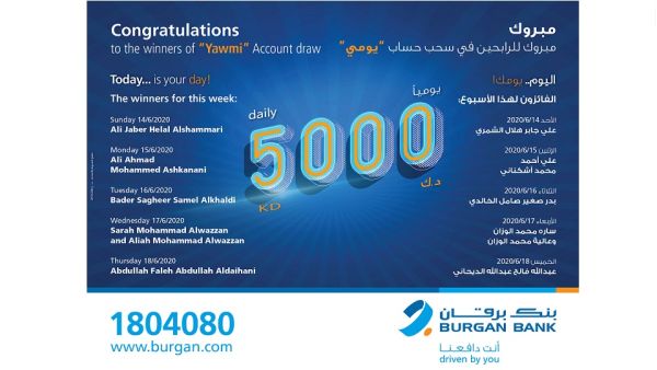 Burgan Bank Announces Names of the Daily Lucky Winners of Yawmi Account Draw