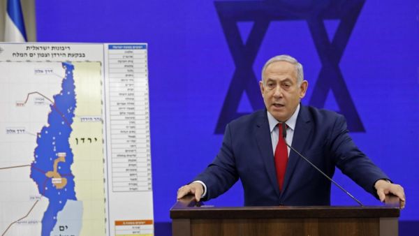 Israeli Prime Minister Benjamin Netanyahu speaks in Ramat Gan about his pledge to annex the Jordan Valley on 10 September (AFP)