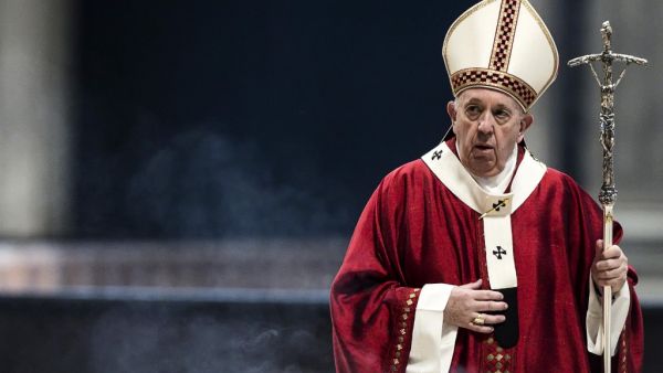 Pope Francis celebrates Holy Mass for the imposition of the Pallium upon the new Metropolitan Archbishops, during the Solemnity of Saints Peter and Paul apostles, in St. Peter's Basilica at the Vatican, on June 29, 2020. ANGELO CARCONI / POOL / AFP