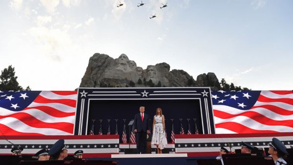US President Donald Trump and First Lady Melania Trump arrive for the Independence Day events at Mount Rushmore National Memorial in Keystone, South Dakota, July 3, 2020. SAUL LOEB / AFP