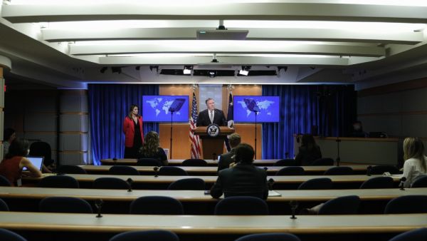 US Secretary of State Mike Pompeo speaks during a news conference at the State Department in Washington,DC on July 8, 2020. TOM BRENNER / POOL / AFP