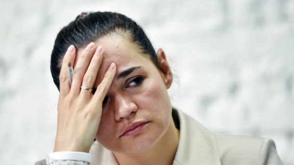 Presidential candidate Svetlana Tikhanovskaya holds a press conference the day after Belarus' presidential election in Minsk on August 10, 2020. Sergei GAPON / AFP