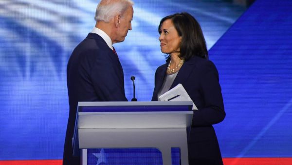 Former Vice President Joe Biden and Senator Kamala Harris speak on September 12, 2019, in Houston, Texas, after the third Democratic primary debate of the 2020 presidential campaign season hosted by ABC News. (Robyn Beck / AFP)