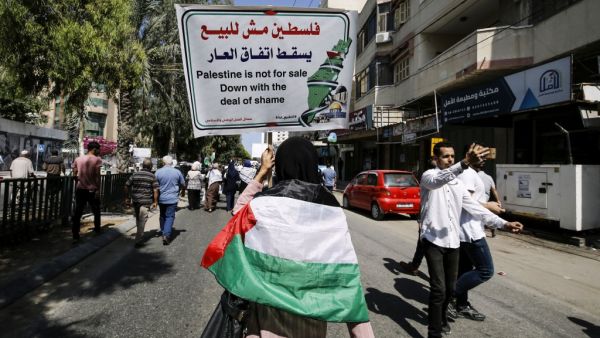 Palestinians shout slogans during a protest against the United Arab Emirates' deal with Israel to normalise relations, in Gaza City, on August 19, 2020. MOHAMMED ABED / AFP