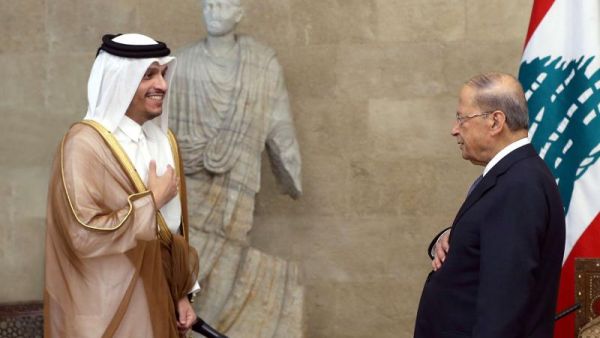 Lebanon’s President Michel Aoun (R) receives Qatar’s Minister of Foreign Affairs Sheikh Mohamad Bin Abdel Rahman Al-Thani at the presidential palace in Baabda, east of the capital, on August 25. (AFP)