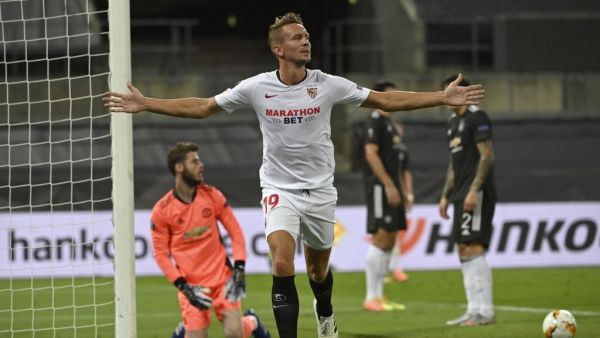 Luuk De Jong celebrates scoring during the UEFA Europa League semi-final football match Sevilla v Man Utd on in Cologne, Germany. Photo: AFP